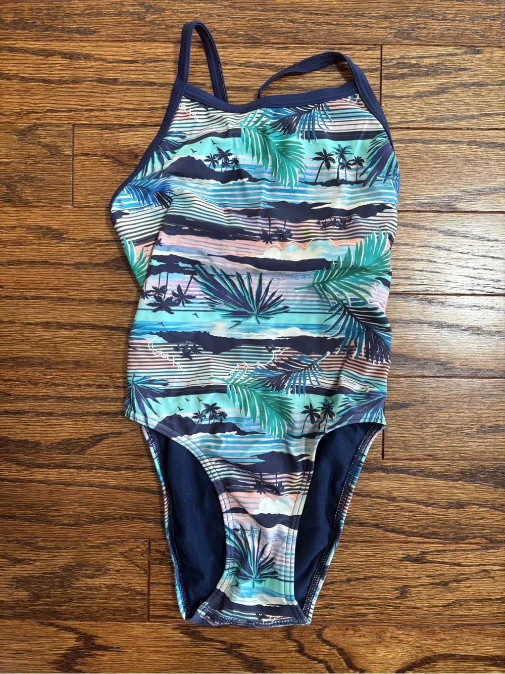Sporti Girls Navy Tropical Stripe One-Piece Swimsuit